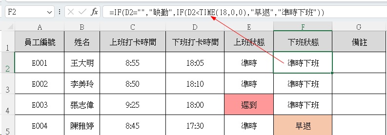 Excel手動考勤表|手動與自動公式考勤3維度對照 2 Excel手動考勤表|下班狀態判斷公式